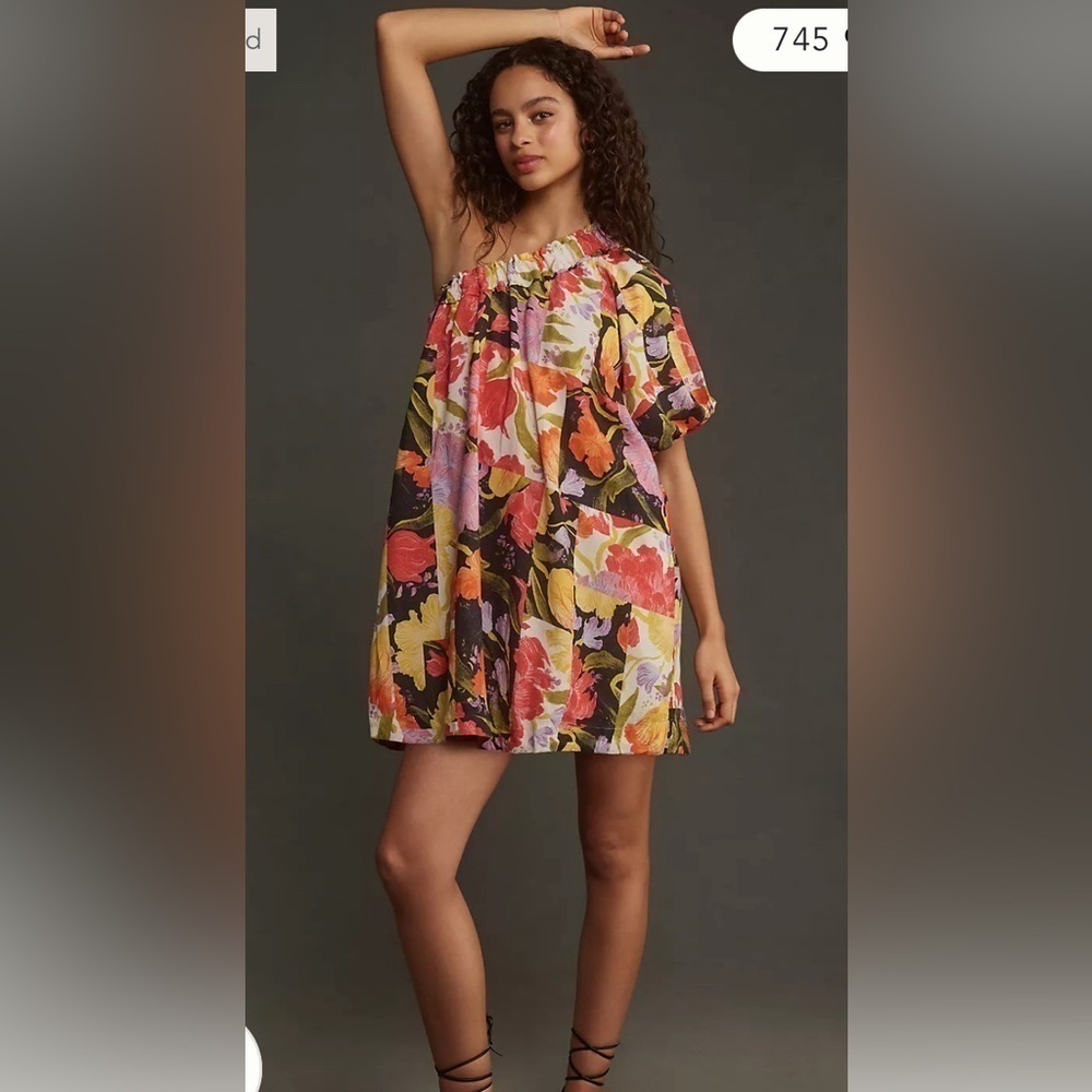 Anthropologie Yukio Noritake One-Shoulder Mini Shift floral Dress Sz M party